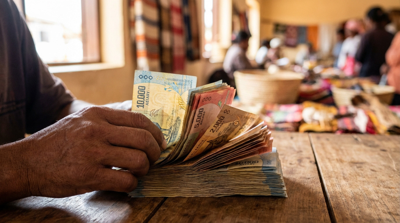 Gros plan sur des mains comptant des billets d'Ariary (Madagascar) de diverses coupures (10 000, 5 000, 2 000) sur une table. Scène de marché en fond.