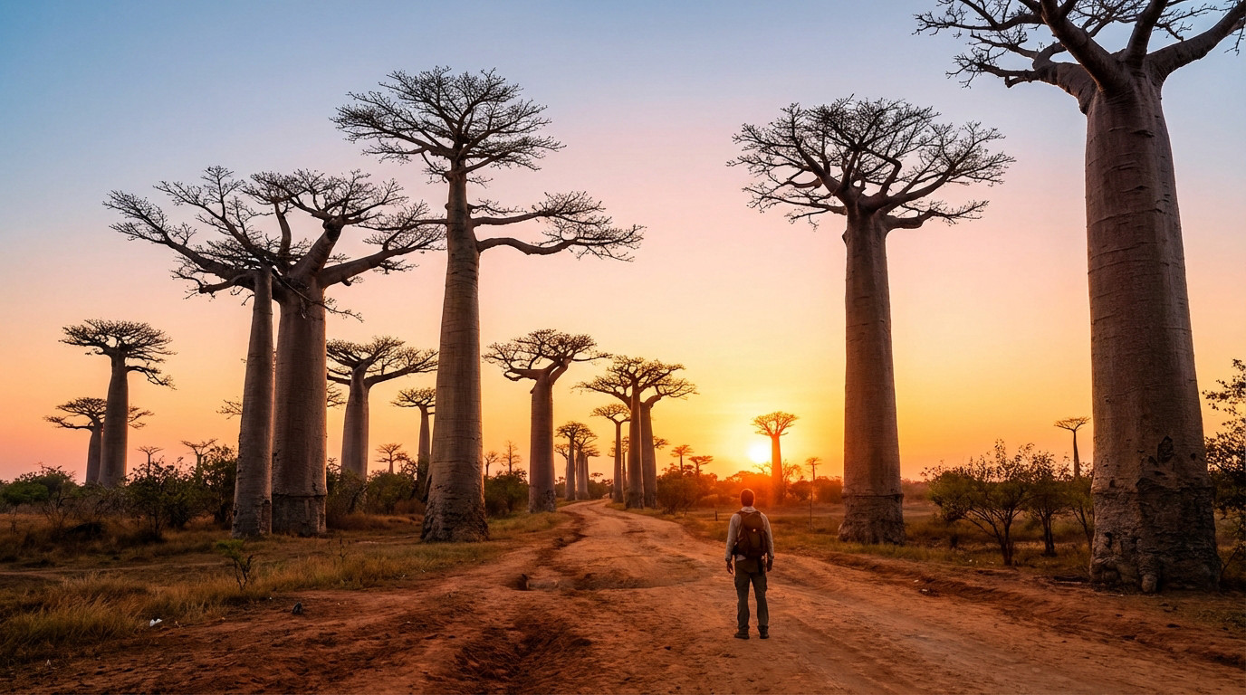 Un homme fait face à une allée de baobabs majestueux à Madagascar, sous un coucher de soleil vibrant aux teintes orange et bleu.