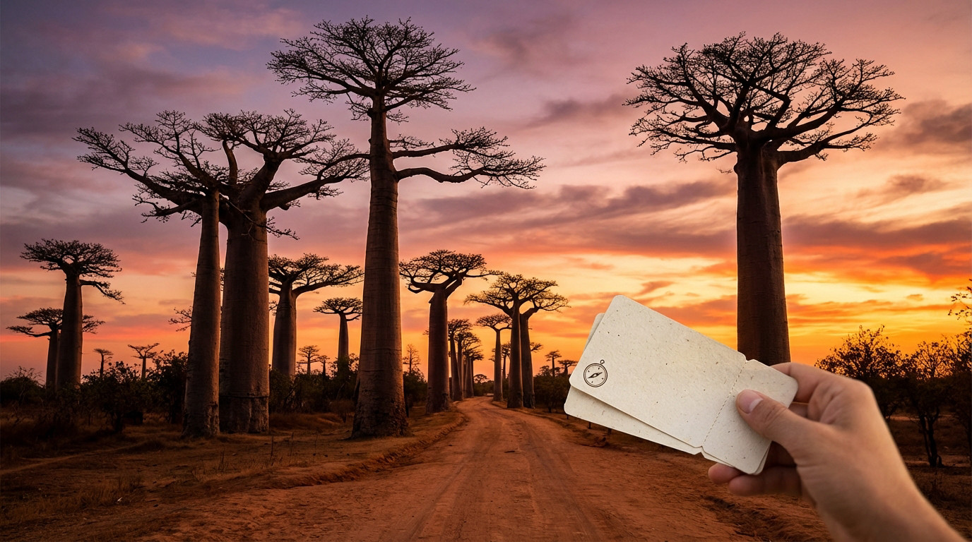 Main tenant des billets devant l'Allée des Baobabs à Madagascar au coucher du soleil. Ciel vibrant orange, rose et violet.