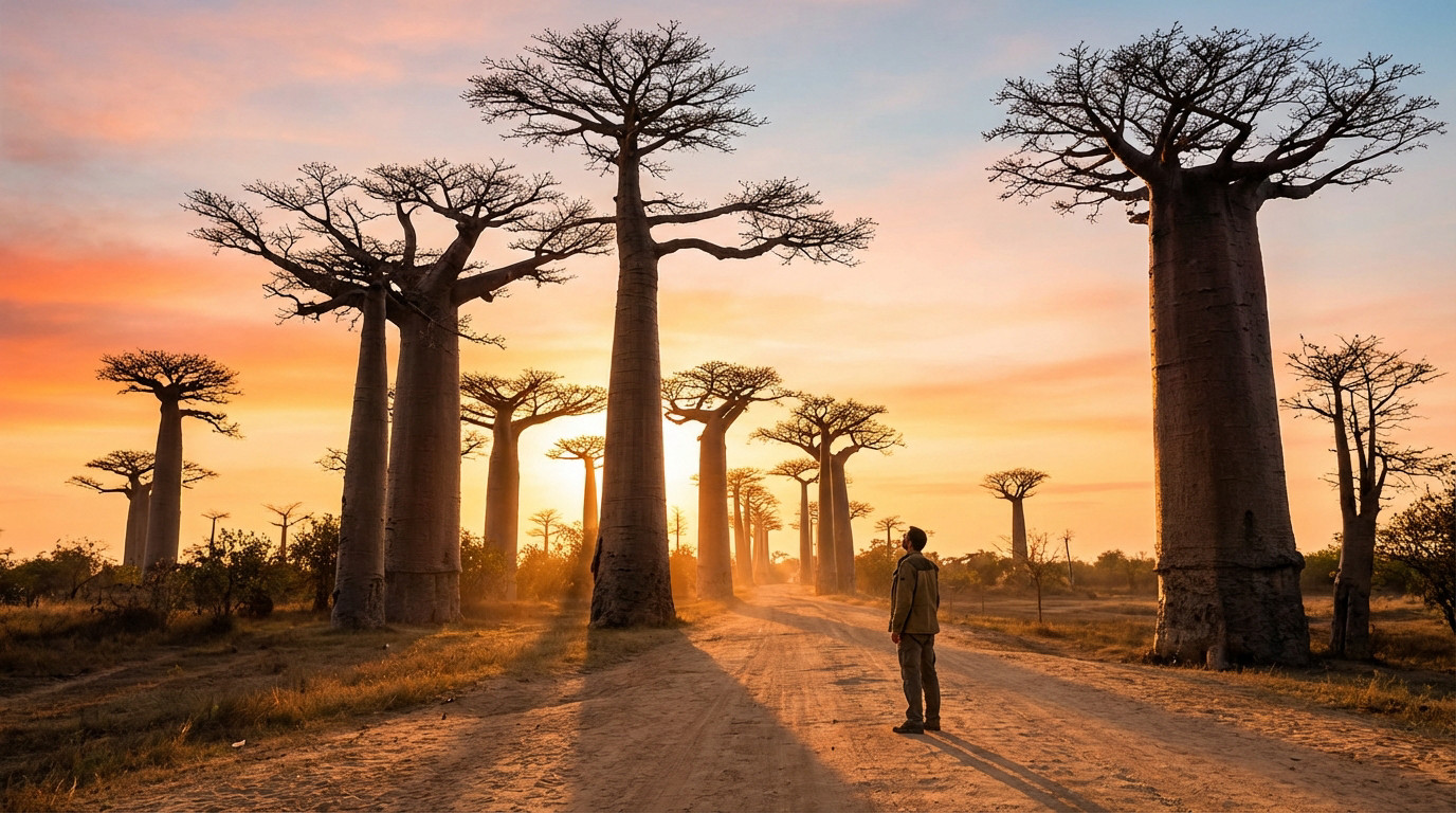 Un homme contemple l'Allée des Baobabs à Madagascar au lever ou coucher du soleil, avec un ciel orange et bleu.