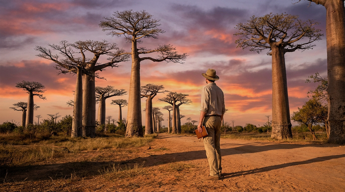 Un voyageur contemple l'Allée des Baobabs de Madagascar au crépuscule, les silhouettes des arbres géants se découpant sur un ciel coloré.