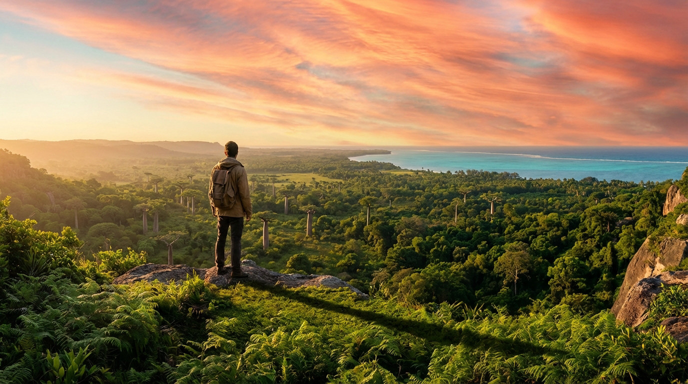 Homme avec sac à dos contemplant un vaste paysage de Madagascar, avec baobabs, forêt, océan et ciel de coucher de soleil.
