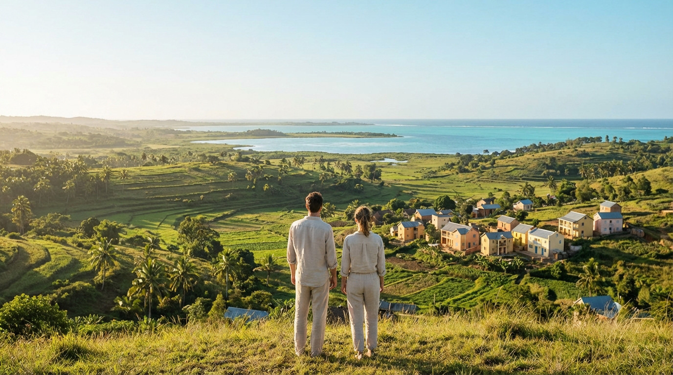 Un couple contemple de dos un vaste paysage malgache luxuriant, avec un village coloré, des rizières et l'océan turquoise.