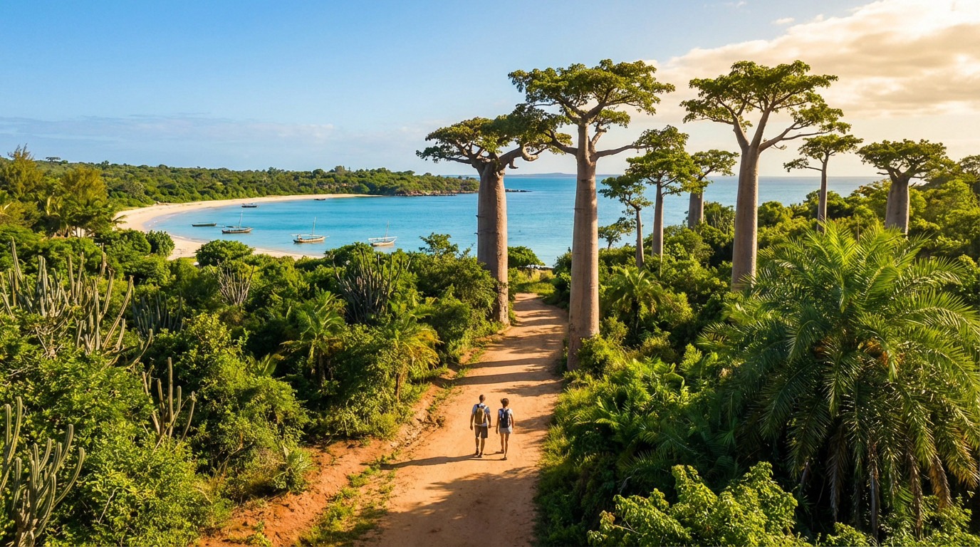 Vue aérienne d'un couple marchant sur un sentier terreux bordé de baobabs, menant à une plage de sable blanc et une baie turquoise à Madagascar.
