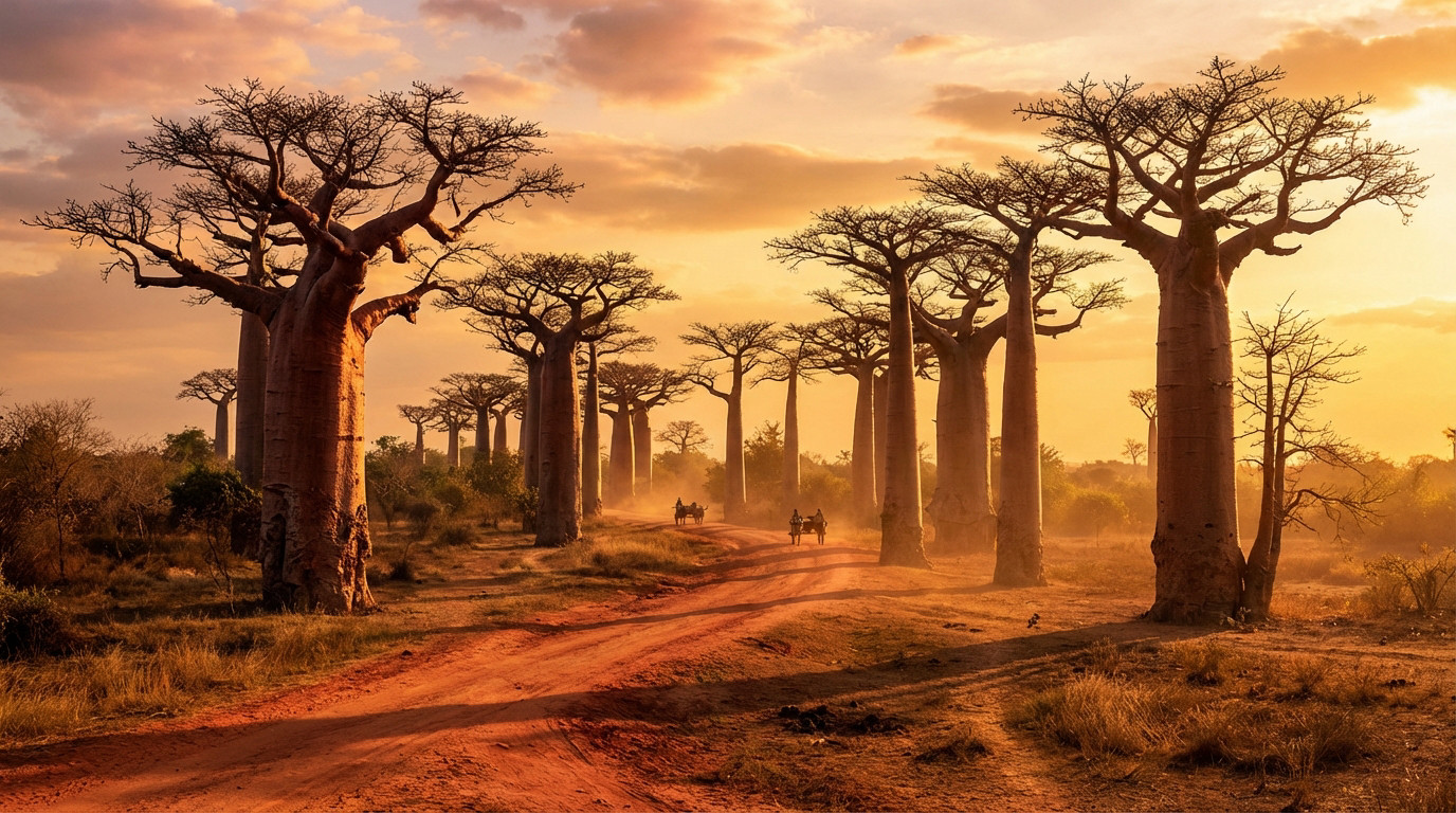 Vue panoramique de l'Allée des Baobabs à Madagascar au coucher du soleil, avec deux charrettes tirées par des zébus sur un chemin de terre ocre.