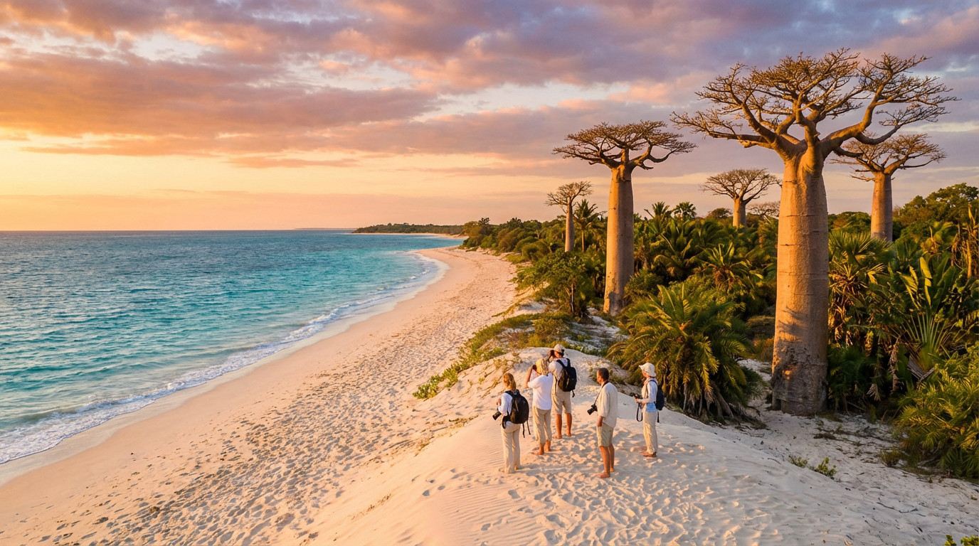 Groupe de voyageurs sur une dune, admirant une plage tropicale et des baobabs majestueux au coucher du soleil à Madagascar.