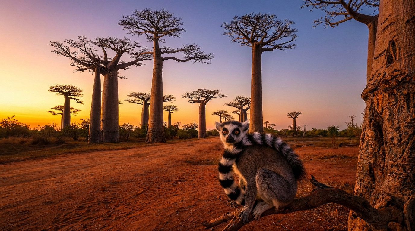 Lémurien catta sur branche, regardant l'objectif, avec des baobabs emblématiques au lever/coucher du soleil à Madagascar.