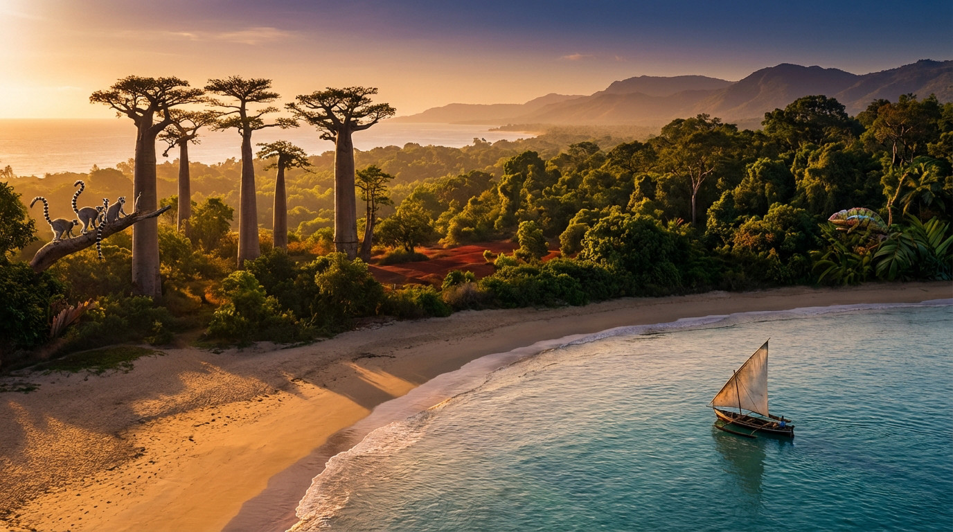 Paysage de Madagascar avec baobabs, lémuriens sur une branche, plage dorée, mer turquoise et un bateau sous un ciel orangé.