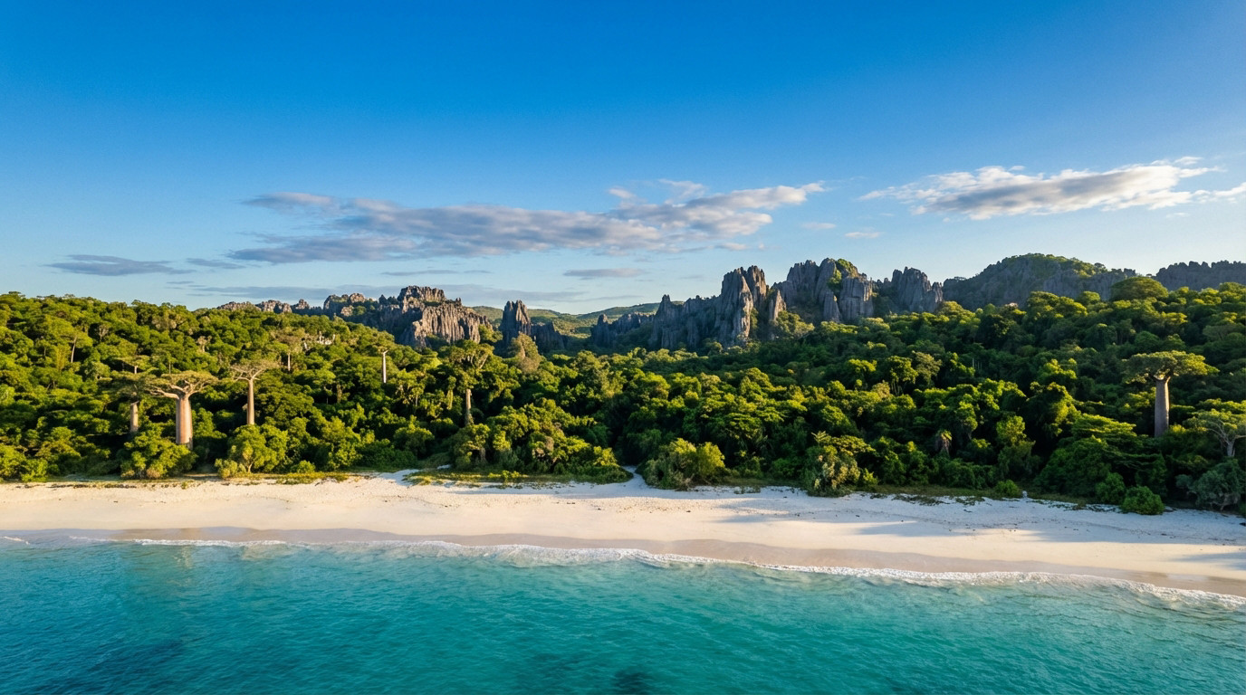 Plage immaculée de Madagascar: sable blanc, mer turquoise. Forêt verdoyante, baobabs et formations rocheuses (Tsingy) sous ciel bleu.