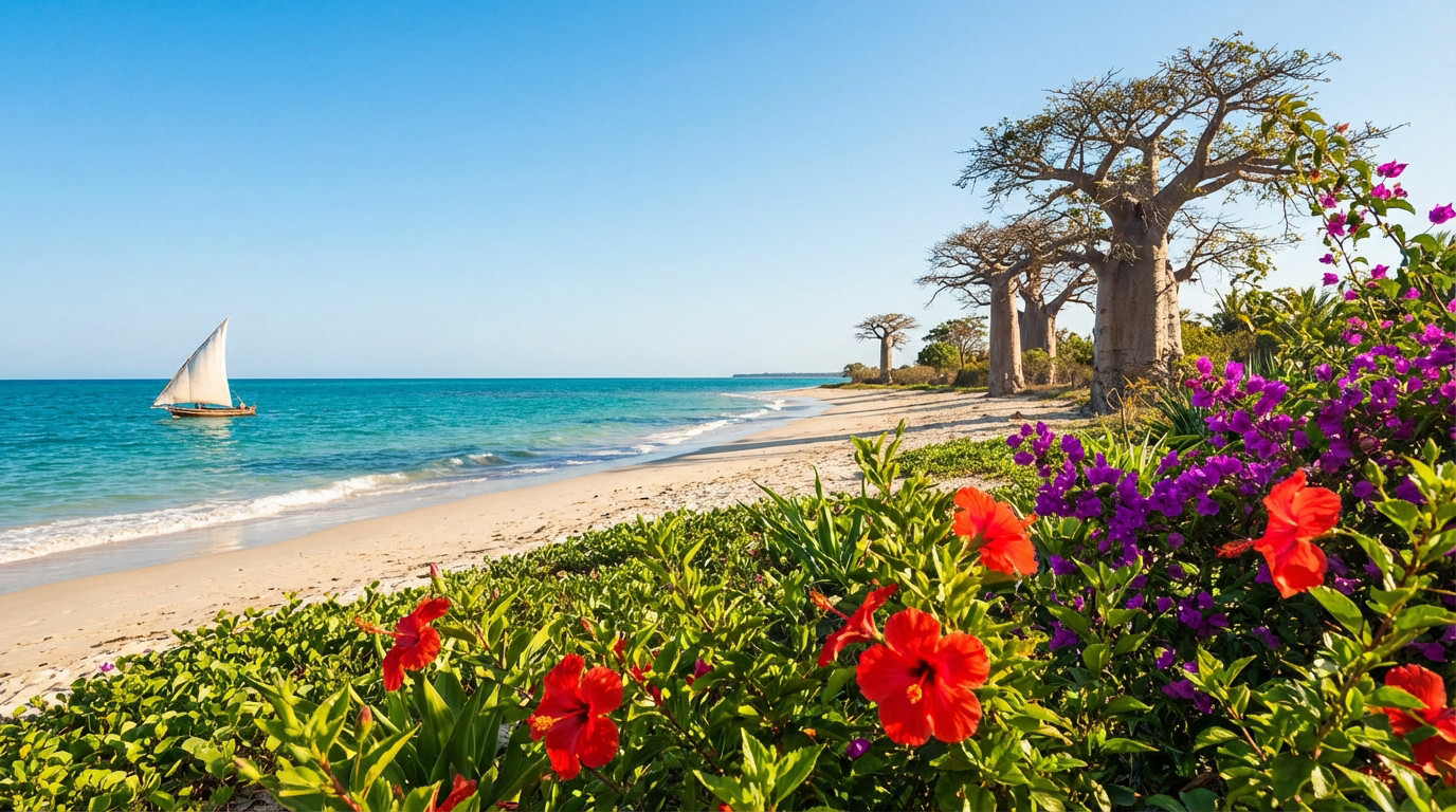 Vue panoramique d'une plage de sable fin à Madagascar. Mer turquoise, ciel bleu, baobabs, fleurs rouges et violettes, et une pirogue à voile.