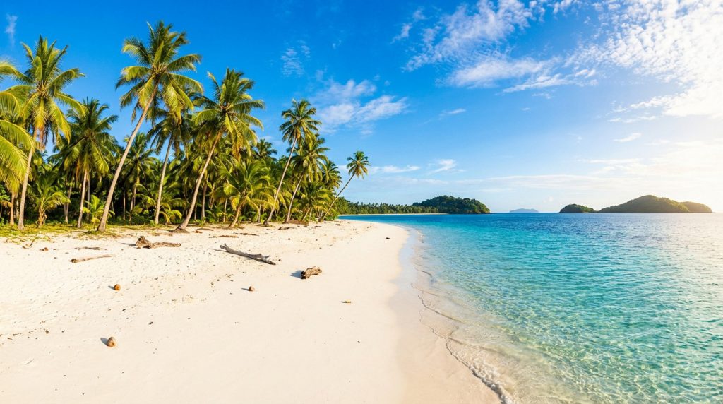 Une plage tropicale immaculée avec du sable blanc, des rangées de cocotiers luxuriants, une mer turquoise et des îles verdoyantes sous un ciel bleu ensoleillé.