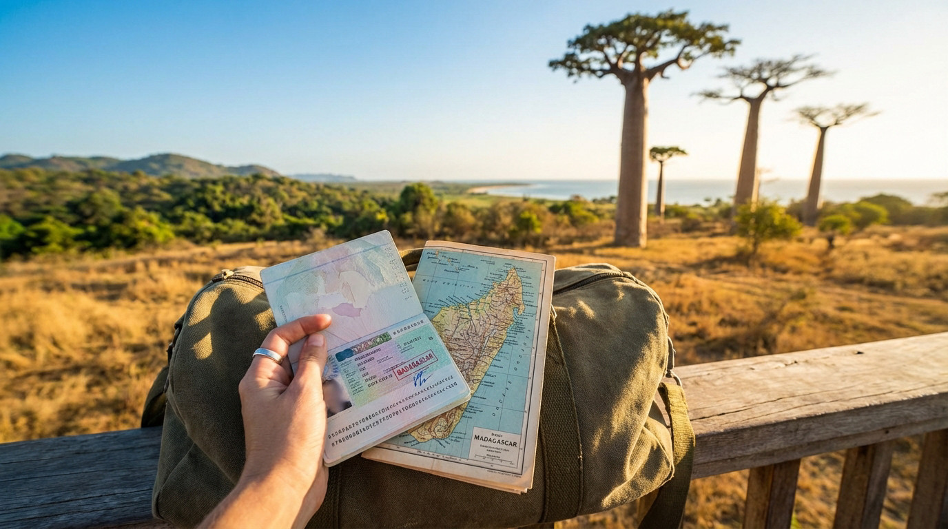 Main tenant un passeport ouvert sur un sac de voyage avec une carte de Madagascar, face à des baobabs et l'océan.