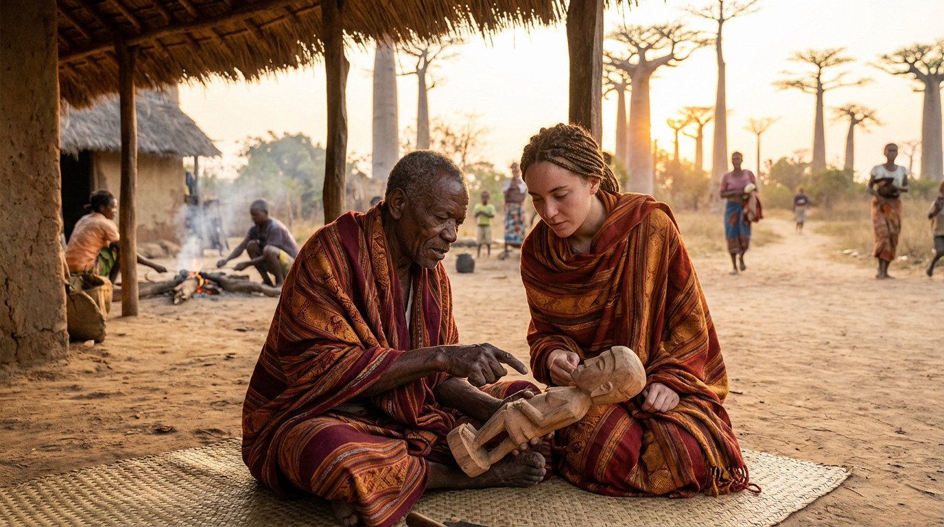 Deux personnes en tenue traditionnelle malgache examinent une sculpture en bois. Des baobabs emblématiques dominent le paysage au coucher du soleil.